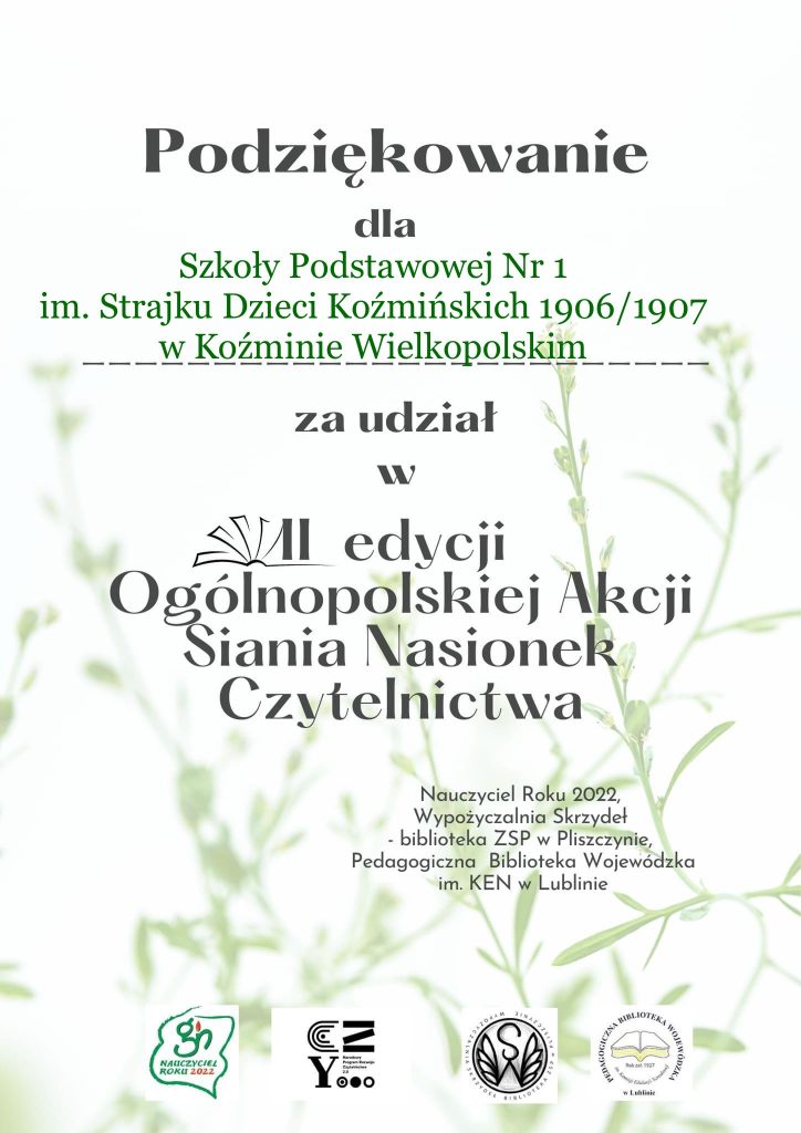 Podziękowanie za udział w II Ogólnopolskiej Akcji Siania Nasionek Czytelnictwa